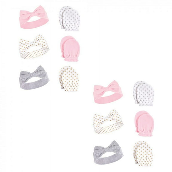 Hudson Baby Infant Girl Cotton Headband and Scratch Mitten Set, Dots 12-Piece, 0-6 Months