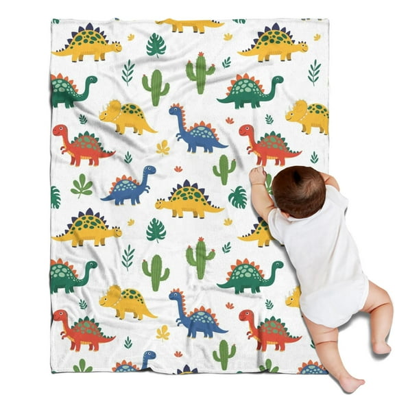 White Cartoon Dinosaurs Cacti Pattern Blanket,Comfortable Soft Flannel Throw Blanket,All Season,Warm Lightweight Blankets for Sofa Bed Couch Living Room Chair,30"x40"