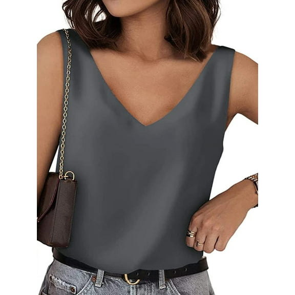 Women Satin Tank Tops Loose Fit Sleeveless V Neck Silk Summer Camisole Solid Color Basic Cami Tee Shirt