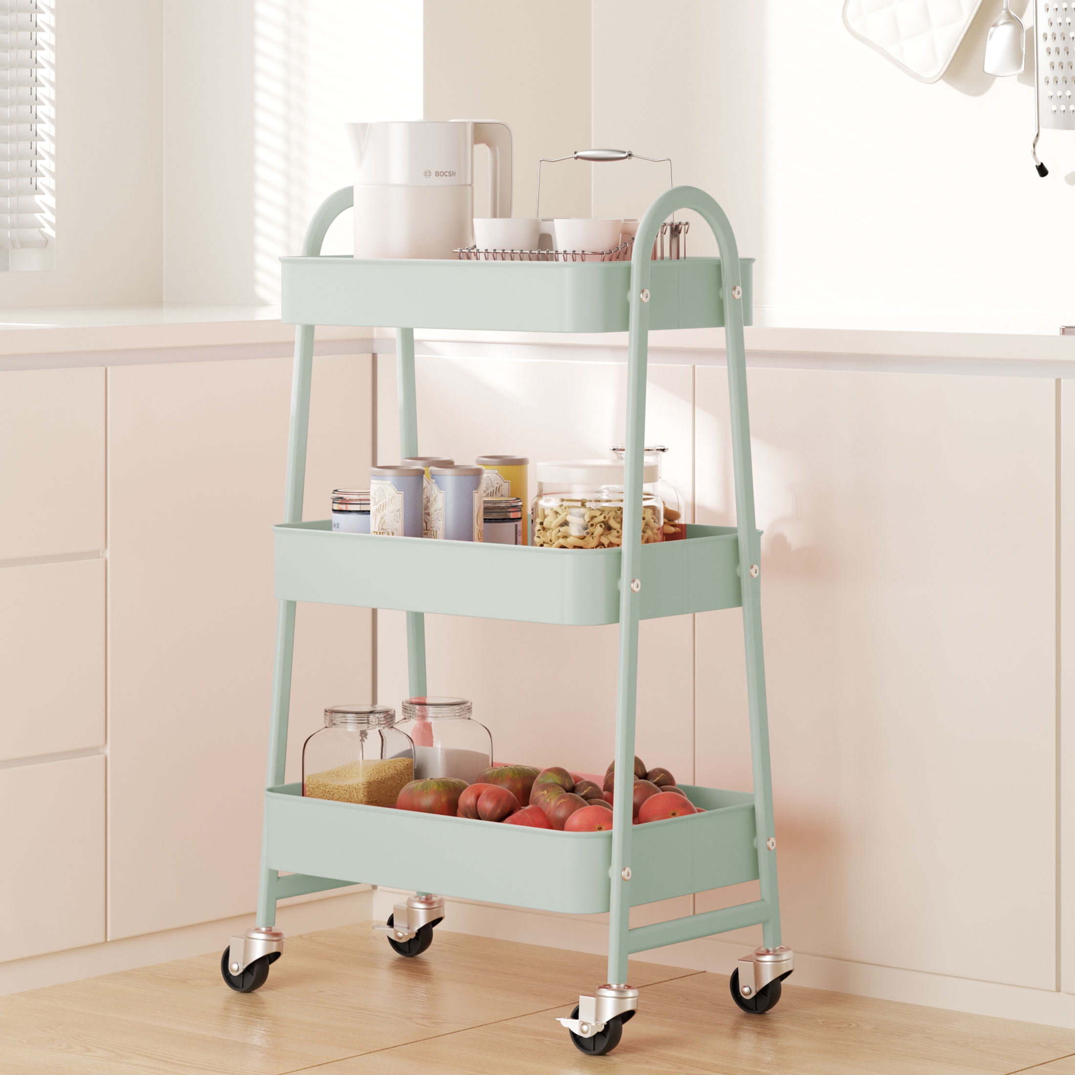 GIANNA 3 - Tier Utility Cart with Wheels, Mobile Shelving Metal Organizer Trolley Rolling Storage Shelves Unit Caster for Snack Narrow Places, Green