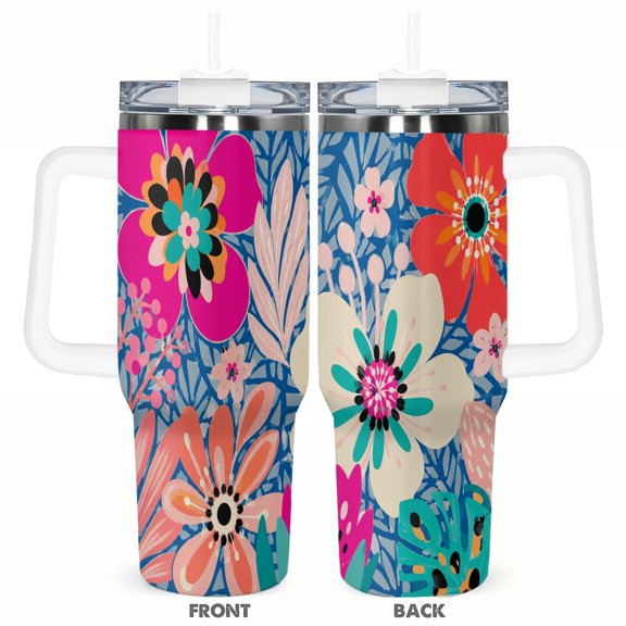 40oz Floral Pattern Travel Tumbler Colorful Botanical Car Cup Insulated Coffee Cup Gift for Women Stainless Steel Travel Cup with Handle and Straw