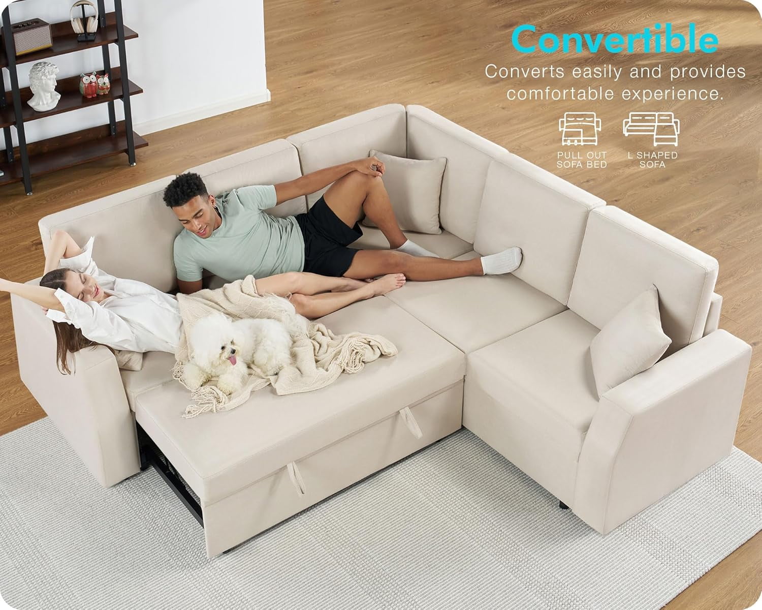 VANACC Sofa Bed, 85 Inch Sleeper Sofa with Pull Out Sofa Bed, L Shaped Couch with Storage Seat, Sectional Couches for Living Room Apartment, Beige Linen Sofa Couch