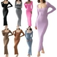 thumbnail image 4 of Women‘s Square Neck Rib Knit Dress Long Sleeve Stretch Bodycon Maxi Long Dress, 4 of 4