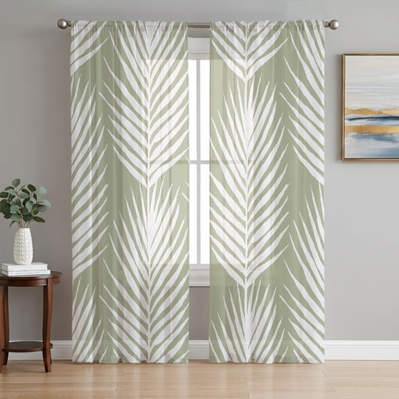 Tropical Palm Leaves Sheer Curtains 96 Inch Length 2 Panels Set, Sage Green Summer Tree Botanical Plants Window Treatment Semi Sheer Long Curtains Drapes for Bedroom/Living Room/Kitchen 52"x96"x2