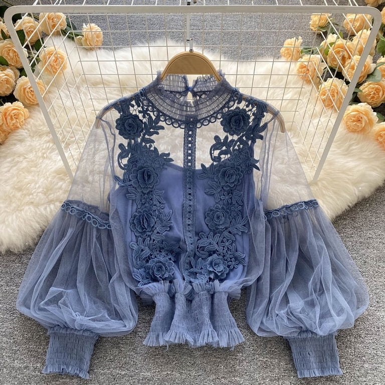 Women Cottagecore 3D Flower Blouse Bell Long Sleeve Sheer Lace