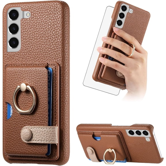 Phone Case for Samsung Galaxy S22 Plus S22 5G Wallet Cover with Screen Protector and Thin Slim Ring Stand Credit Card Holder Cell Accessories S22 5G S22plus 22S S 22 22 Women Men Brown