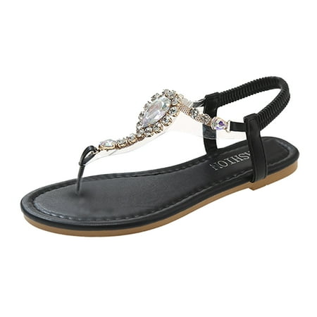

Lolmot Women s Summer Sandals Casual Comfortable Rhinestone Flip Flops Beach Shoes Ankle T-Strap Thong Elastic String Flat Sandals