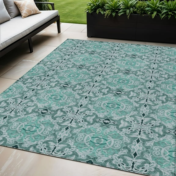 5' X 8' Teal Blue And Aqua Medallion Washable Indoor Outdoor Area Rug