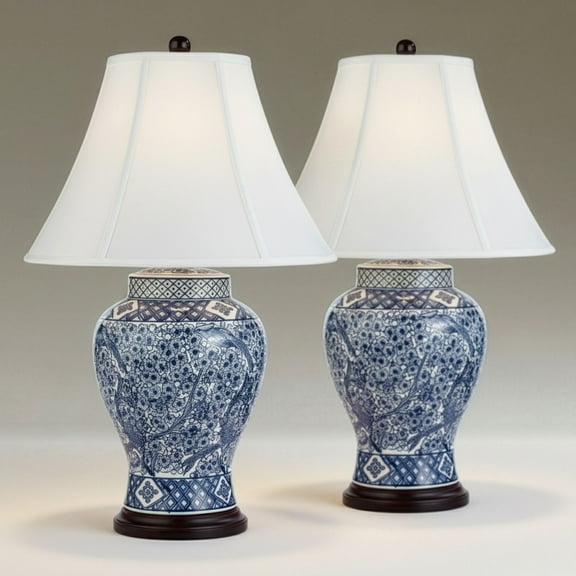 Barnes and Ivy Shonna Garden Bird 27" Tall Jar Traditional Table Lamps Set of 2 Blue Porcelain White Shade Living Room Bedroom