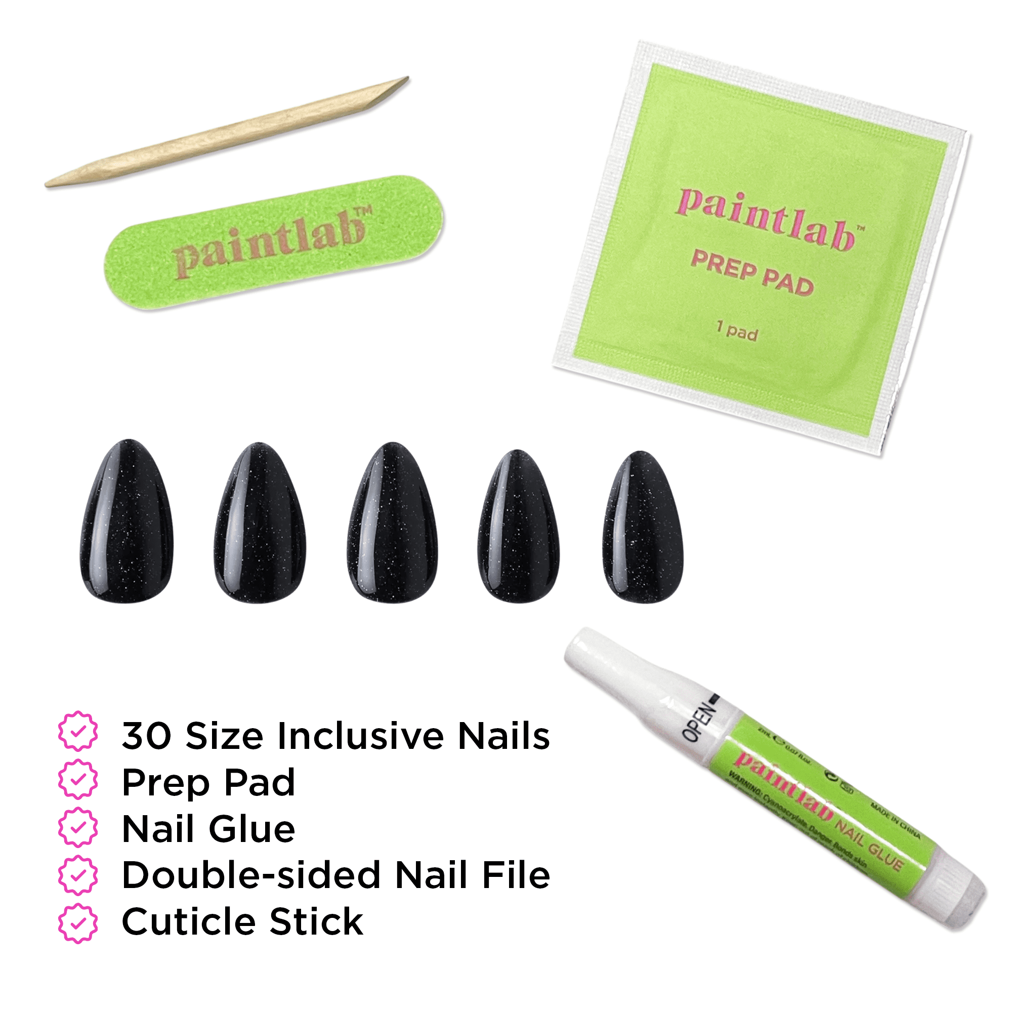 PaintLab Short Almond Press On Nails, Night Crawler, Black, 30 Count