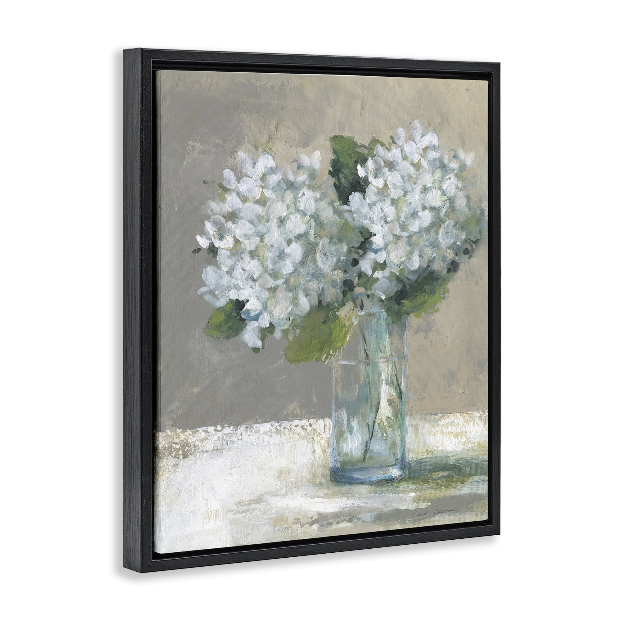 Stupell Industries White Hydrangeas Glass Vase Black Framed Floater Canvas Wall Art, design by Carol Robinson