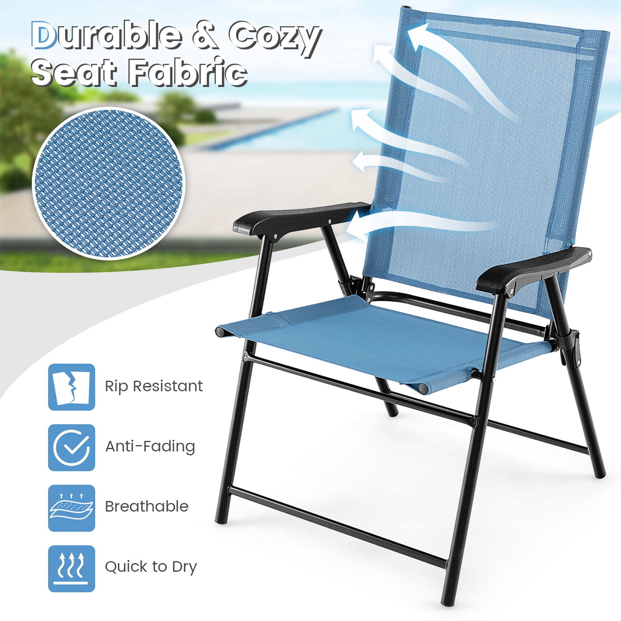 Gymax Patio Metal Outdoor Cozy and Breathable Folding Chairs, Blue "1 Set of 2"