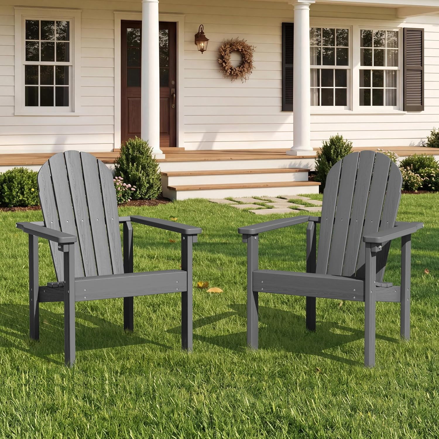 HJTER Stackable Modern Adirondack Chair, HDPE Outdoor Patio Chair with Space-Saving Design, All-Weather Fire Pit Chair with Widened Seat for Deck, Backyard, Garden, Lawn (Grey)