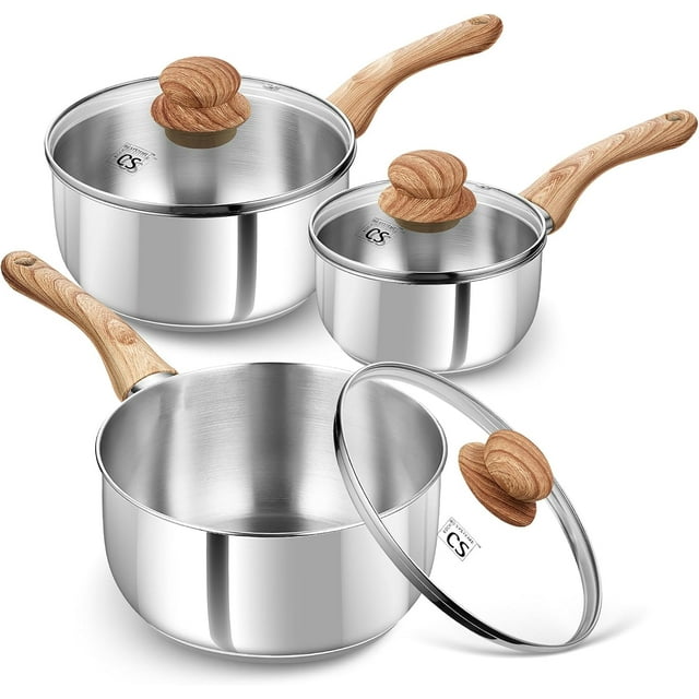 KOCH SYSTEME CS Stainless Steel Saucepan Set, 1QT & 2QT & 3QT Sauce Pan with Heat-Resistant Bakelite Handle, Premium Stainless Steel Pot Set, Induction Sauce Pan Sets, 6 PCS Stainless Steel Pots