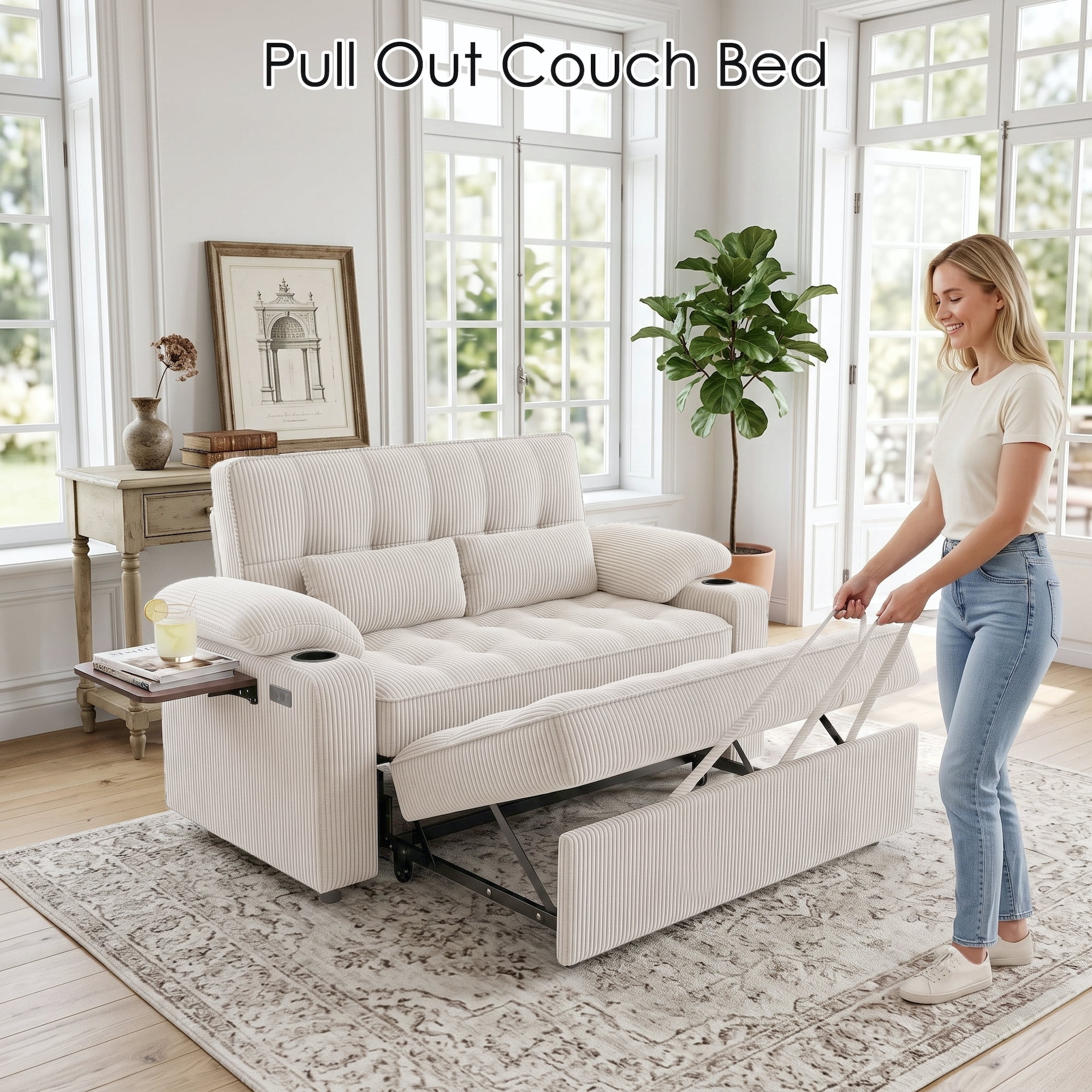 58" Sleeper Sofa Bed, Full Size Pull Out Couch, Convertible Corduroy Loveseat with USB Charging, Cup Holders, Side Table, Adjustable Backrest, Side Pockets for Living Room, Apartment, Office (Beige)