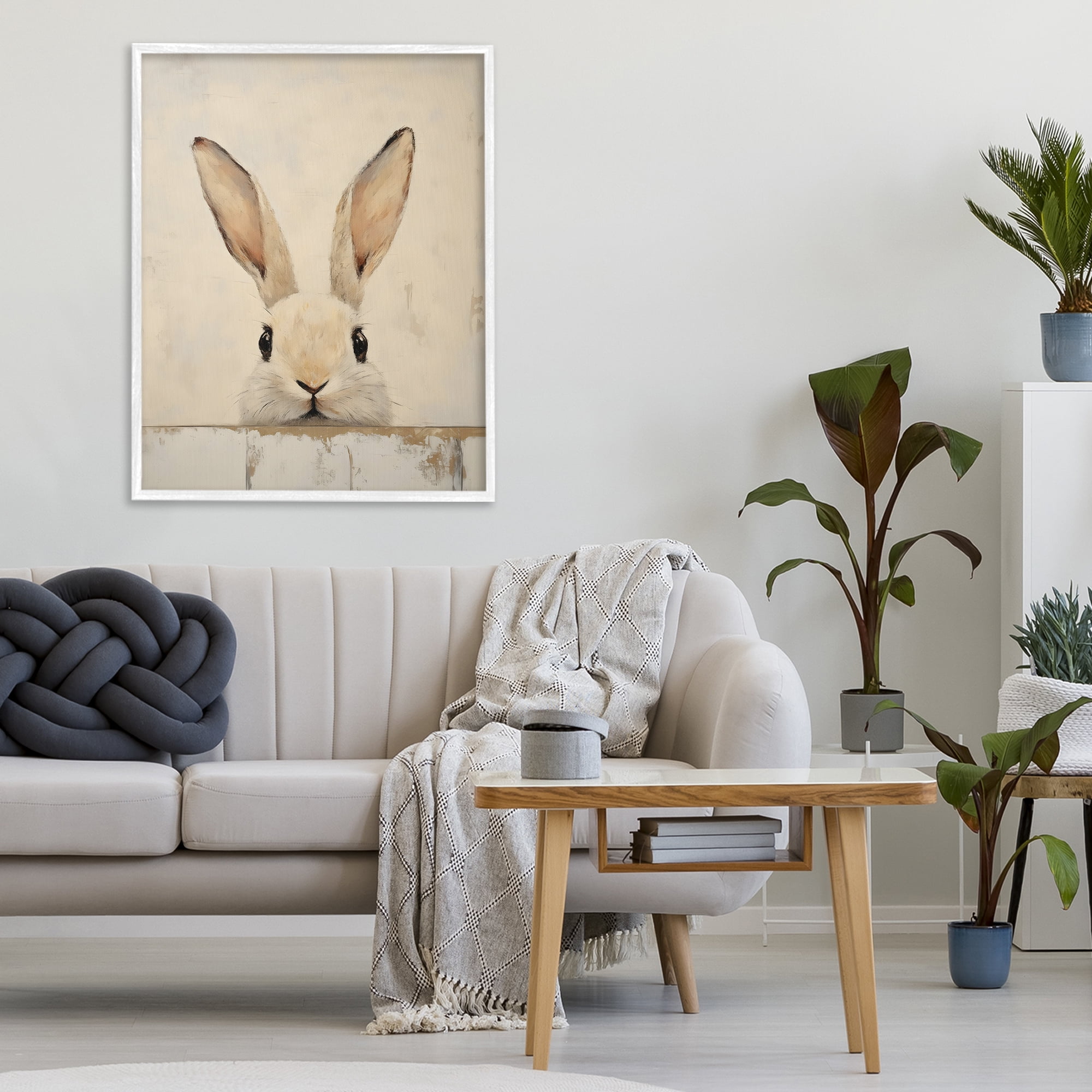 Stupell Industries Peeking Bunny in Soft Neutrals White Framed Giclee Art, design by LSR Design Studio