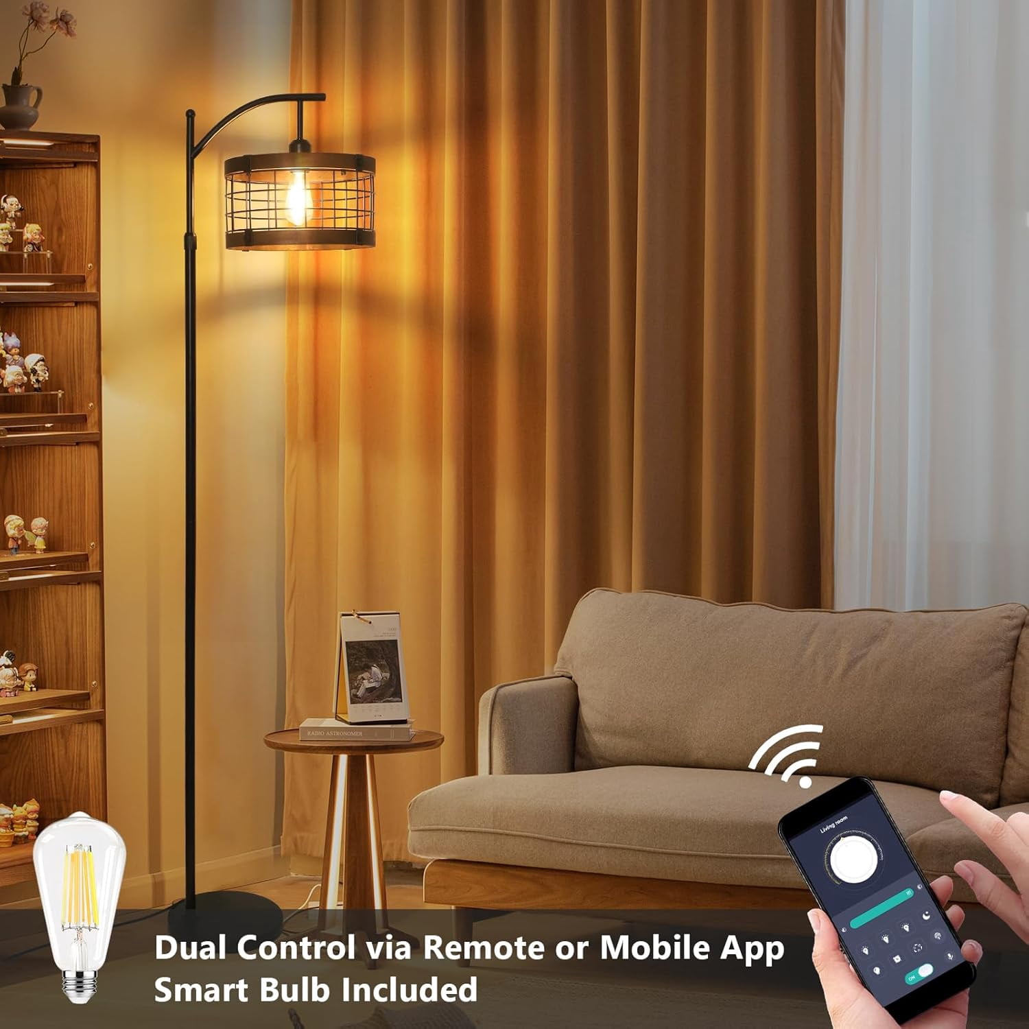 Newest 73” Rustic Farmhouse Arc Floor Lamp with Remote, 3-Color Dimmable LED & Wood/Metal Shade for Living Room