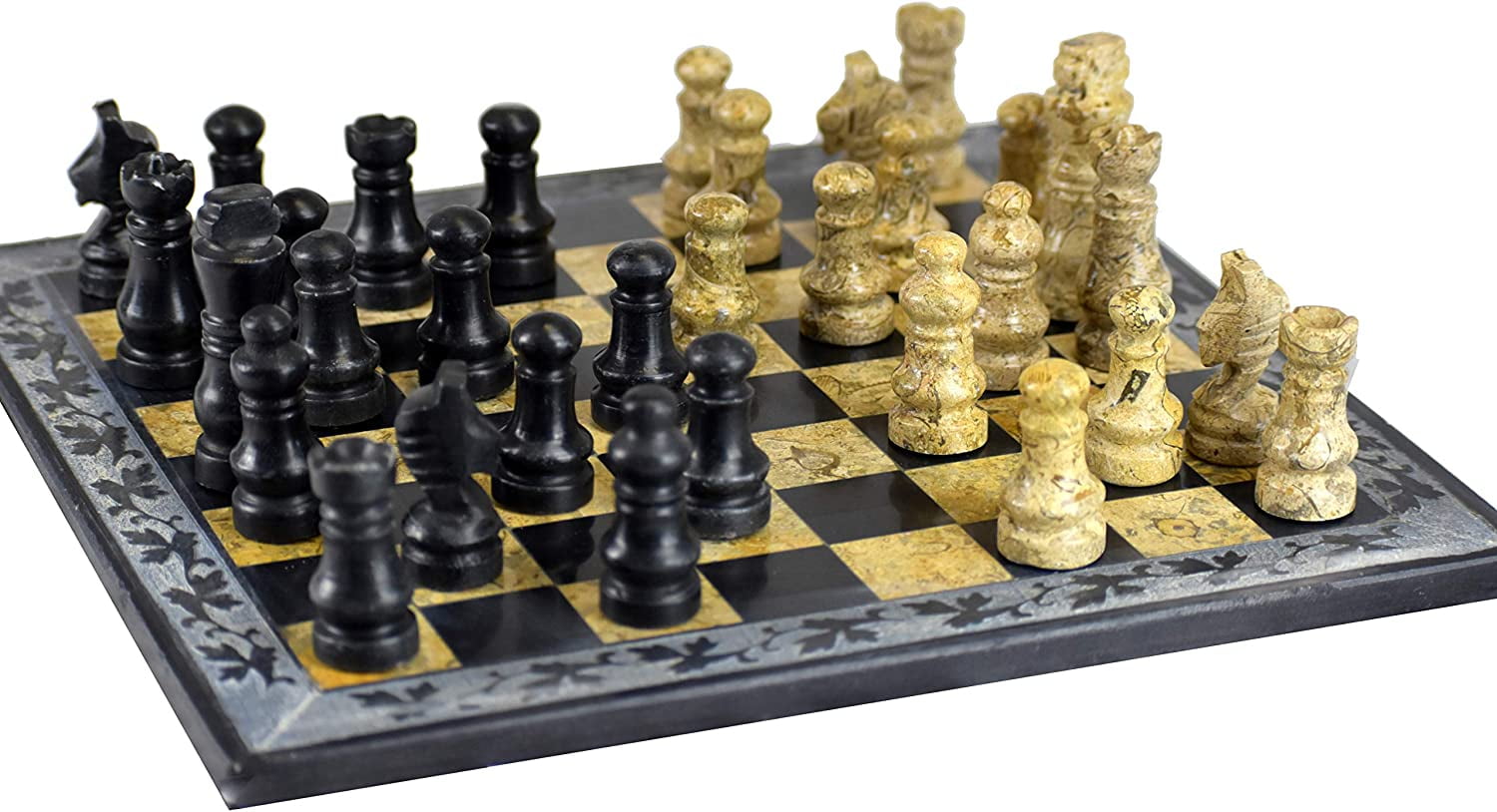 RADICALn 16 Inches Handmade Fossil Coral and Black Marble Full Chess Game Original Marble Chess Set