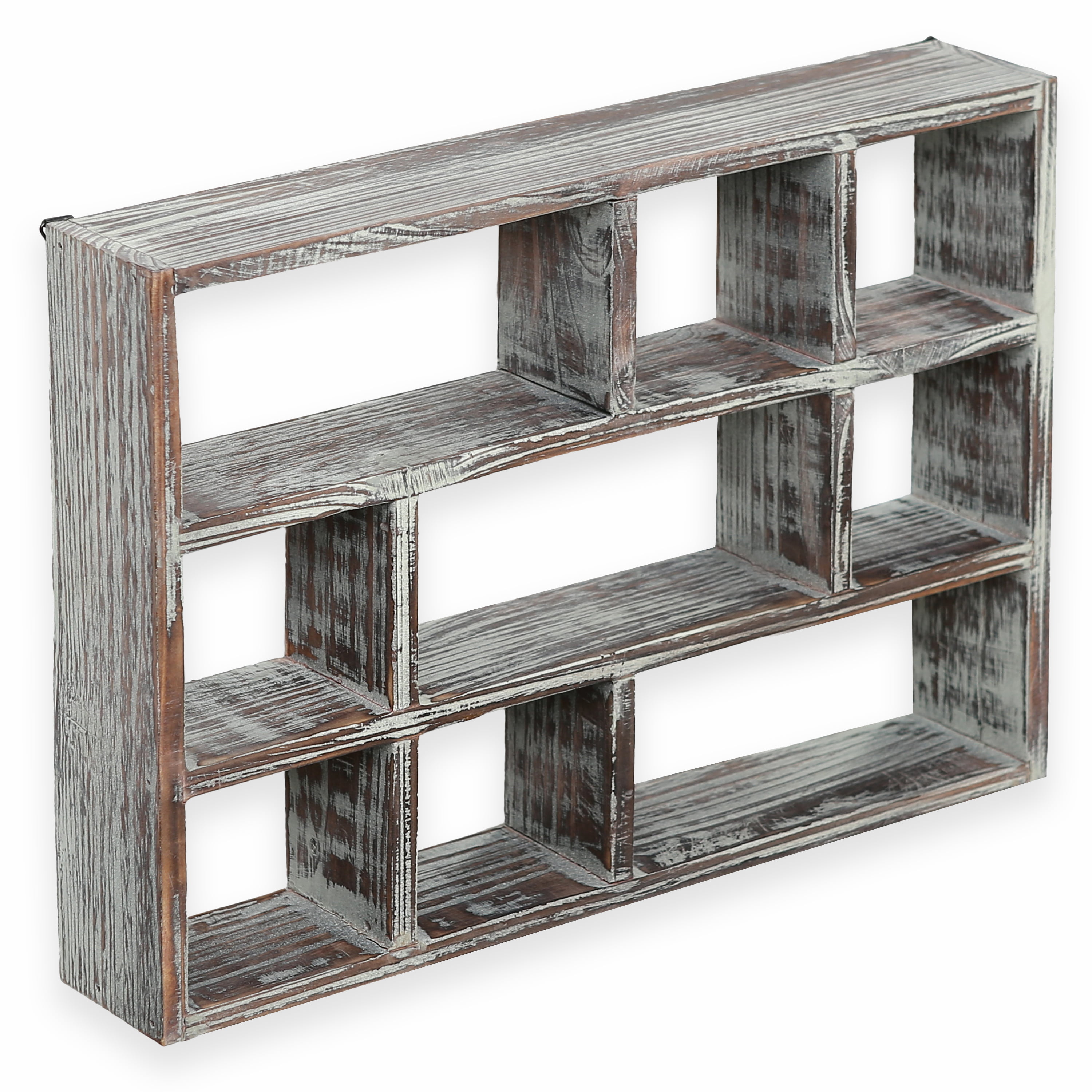 MyGift Rustic Torched Wood Wall Mounted Shadow Box w/Cubby Shelving 2 Drawers and Label Holders Dark Brown