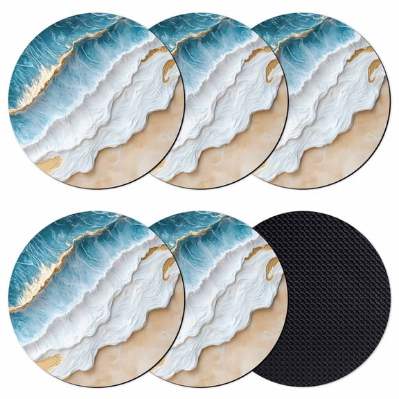 Coastal Beach Coasters Set of 6, Nautical Ocean Blue Beige Seaside Absorbent Coasters for Drinks, Coaster for Bar Office Dining Coffee Table Accessories Decor, Non Slip Round Desk Coaster