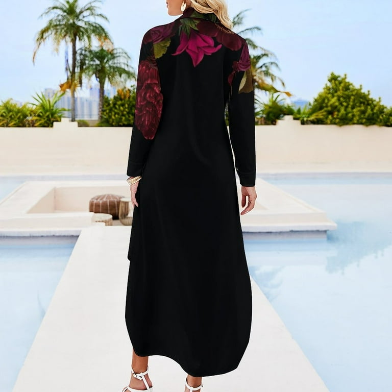 Antique dark red roses and other flowers on black Long Sleeved Shirt Dress  dresses for women luxury designer party
