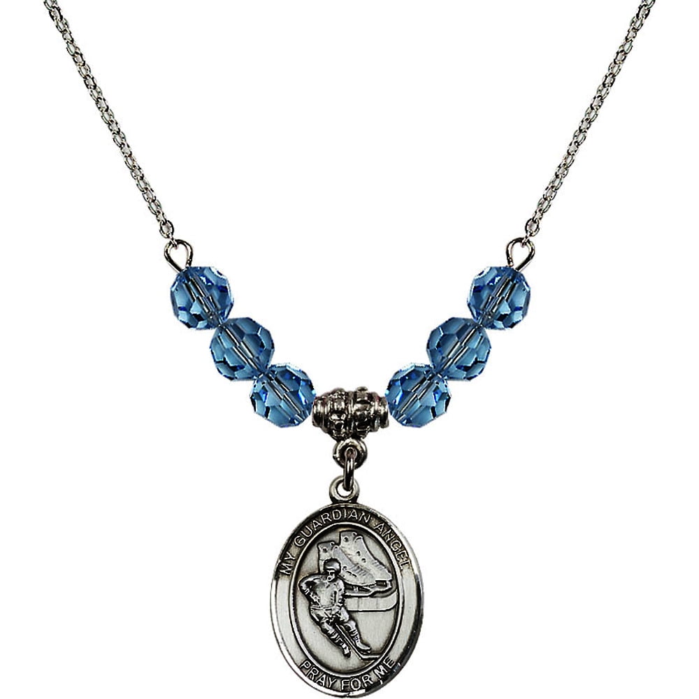 Bonyak Jewelry 18 Inch Rhodium Plated Necklace w// 6mm Blue December Birth Month Stone Beads and Saint Christopher Charm