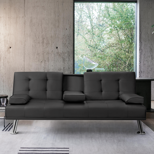 Vineego Modern Sofa Bed Faux Leather Couch Convertible Futon with Two