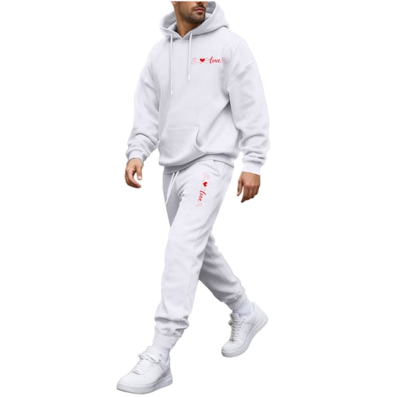 Timoontee Men's Heart Print Sweatsuit Two Piece Valentine Outfits Sets Long Sleeve Hooded Sweatshirt with Elastic Waist Drawstring Sweatpants White S