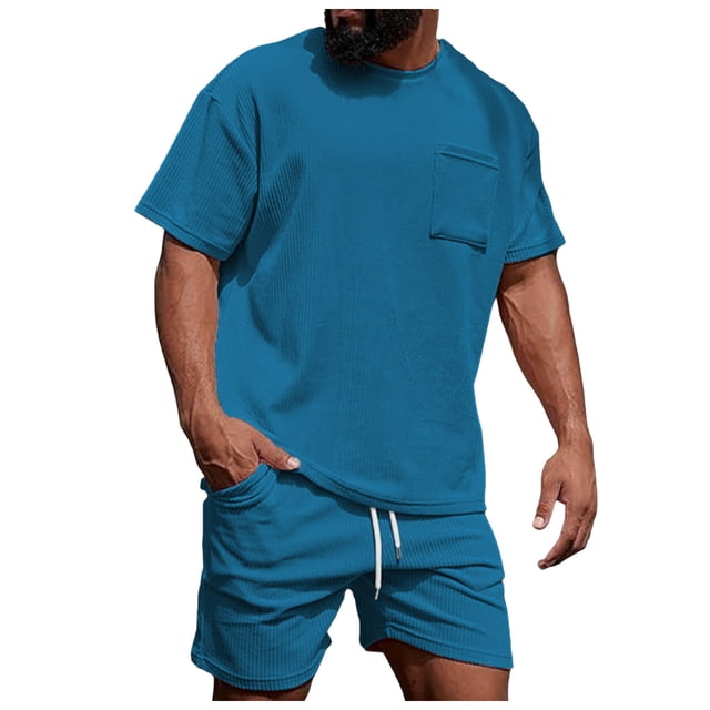 toraway Costumes pour Hommes Coupe Régulière 42 Mode Costume d'Été Manches Courtes Shorts en Velours Côtelé Décontracté Robe Col Rond Poche Haut Shorts à Cordon Style Confort TTG