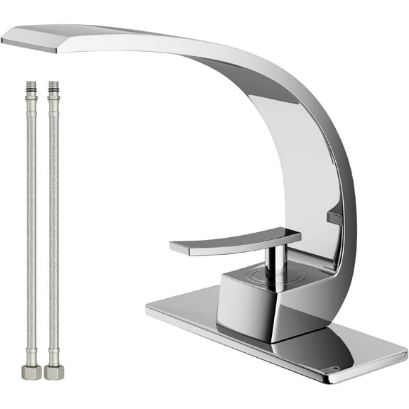 Bathroom Sink Faucet Modern Single Hole 1-Handle Faucet, Chrome Solid Brass Faucets, Mount Curved Lavatory Faucets Mixer Tap