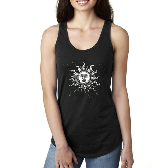 Wild Bobby Radiating Sun Puff Print Fashion Ladies Racerback Tank Top, Black, Small
