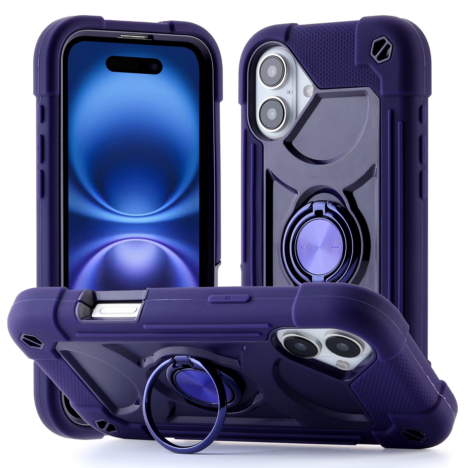 Dteck for iPhone 16 Plus Case with Double Ring Stand, Heavy Duty Silicone +PC Military Grade Shockproof Back Cover for iPhone 16 Plus,Darkpurple
