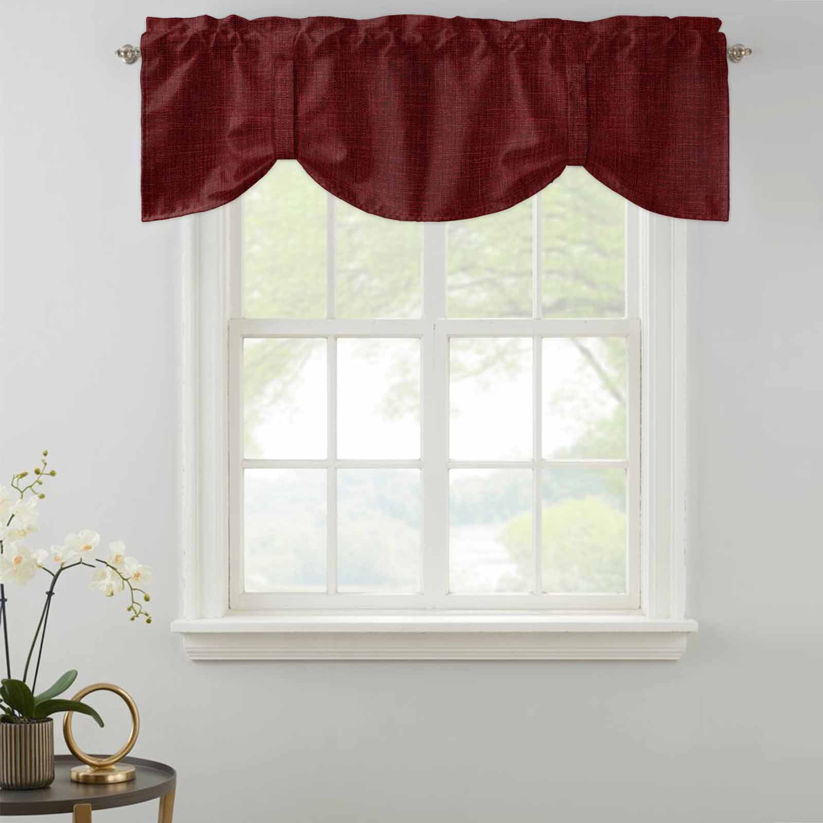 Tie Up Valances for Windows, Vintage Dark Red Adjustable Valance Curtains Window Treatment for Living Room, Farmhouse Retro Solid Color Linen Texture Rod Pocket Kitchen Curtains & Drapes 42x12 Inch