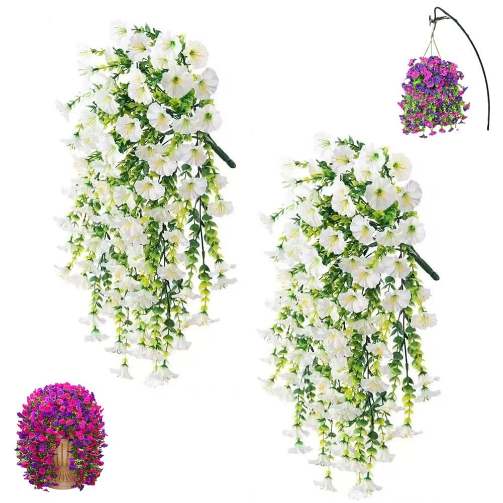 2-Pack Artificial Hanging Flowers for Outdoor UV Resistant Silk Rose & Morning Glory Vines Faux Pink Purple Plastic Flowers for Garden Hanging Baskets Decor