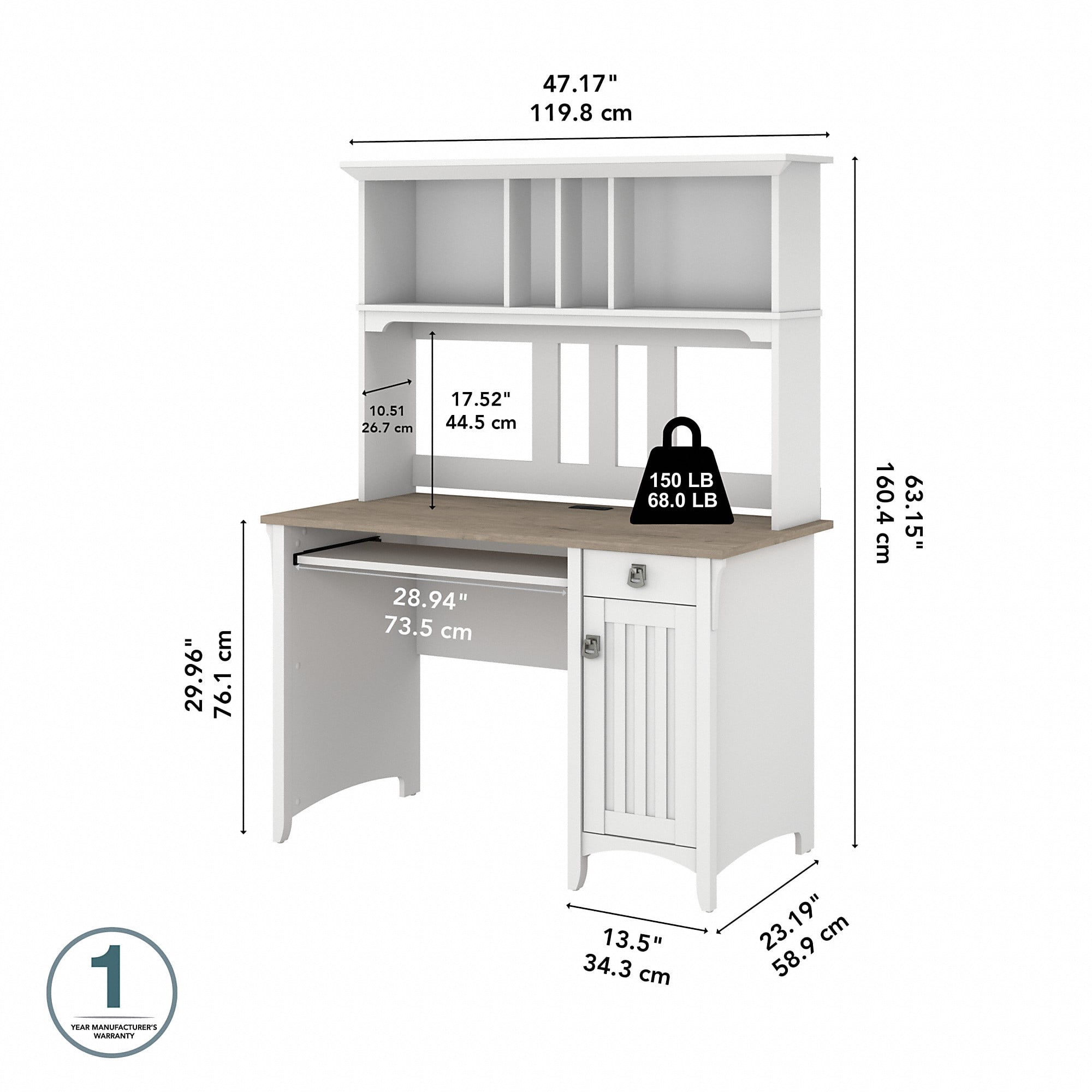 Bush Furniture Salinas 48” Computer Desk & Hutch with Storage, Shiplap Gray & White