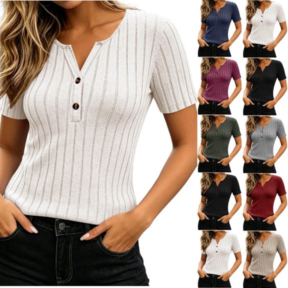 Bxsruta Womens Short Sleeve Tops Henley Neck Ribbed Knit Tees Slim Fit Casual Summer Shirts