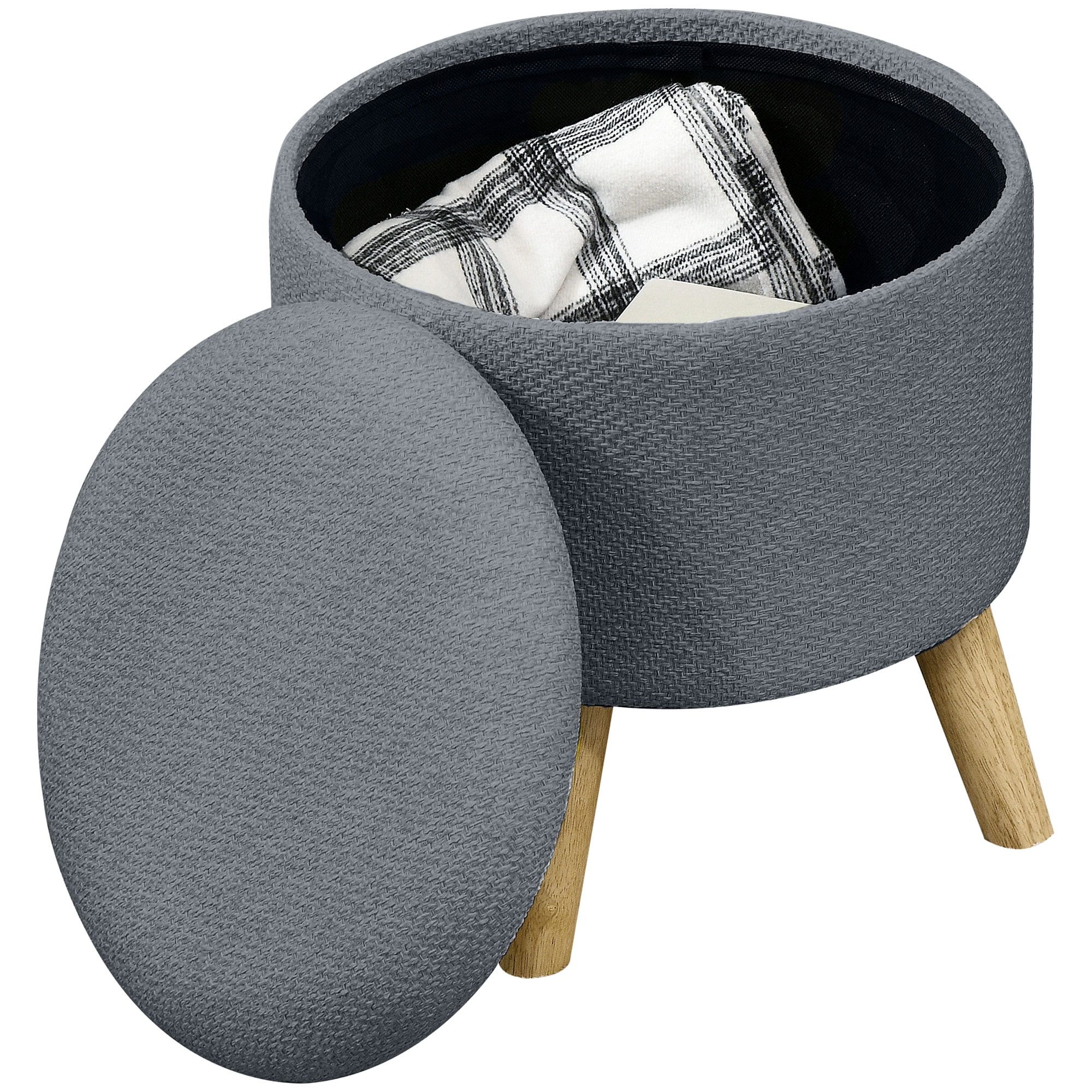 HOMCOM Storage Ottoman, Round Footstool with Linen Feel Fabric Upholstery, Removable Top, Hidden Space and Wood Legs for Living Room, Gray