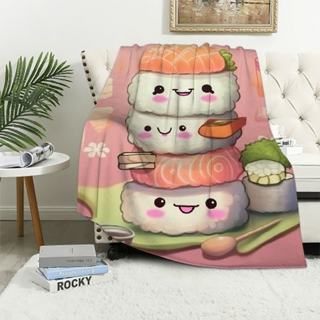 SHERONV Cute Sushi Blanket Pink Japanese Food Kawaii Roll Smiling Faces Throw Blankets Gifts for Kids Adults Lightweight Soft Fleece Cozy for Sofa Couch Bed Room Birthday Decor 40x50in