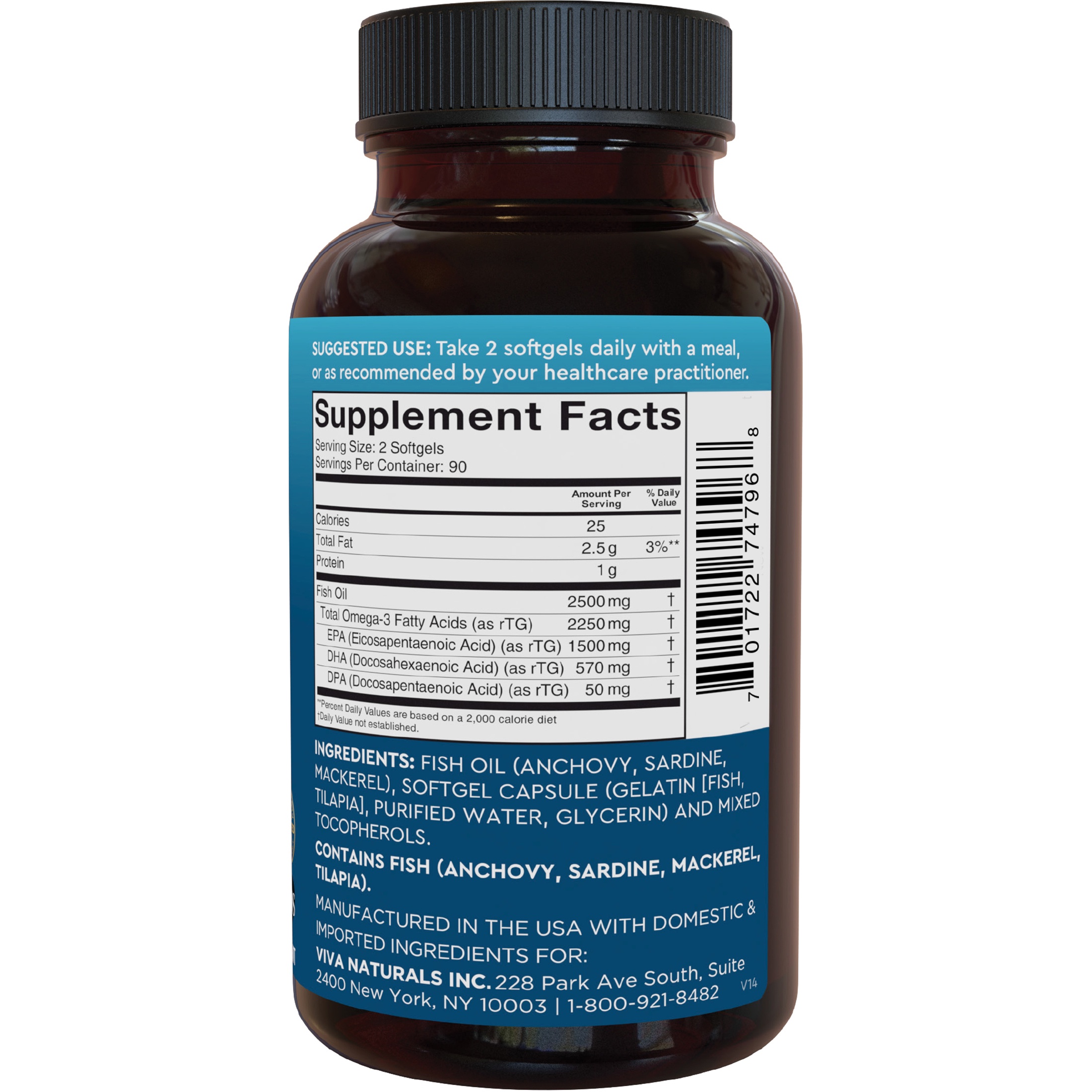 Viva Naturals Triple-Strength Omega-3 Fish Oil Supplement, 2500 mg, 180 Pescatarian-Friendly Softgels- Provides EPA & DHA, Supports Heart and Brain Health *