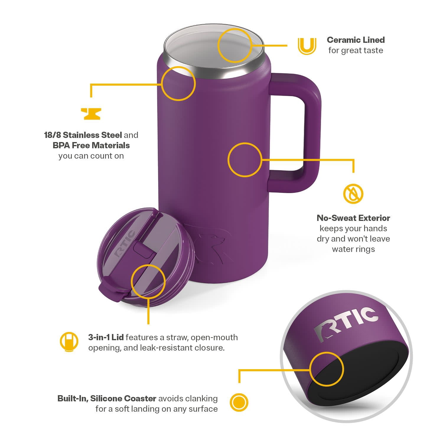 RTIC 64 oz Ceramic Lined Road Trip Tumbler with Handle and Leak-Resistant Straw Lid, Berry Jam