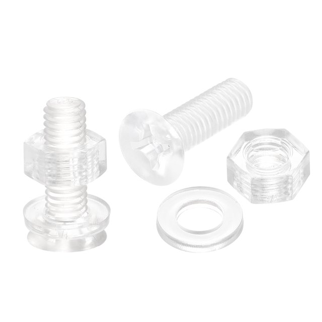 M6 x 20mm Plástico Phillips Máquina Tornillos con Tuercas y Planas Arandelas, PC Plana Cabeza Máquina Pernos Transparente 20 Juegos