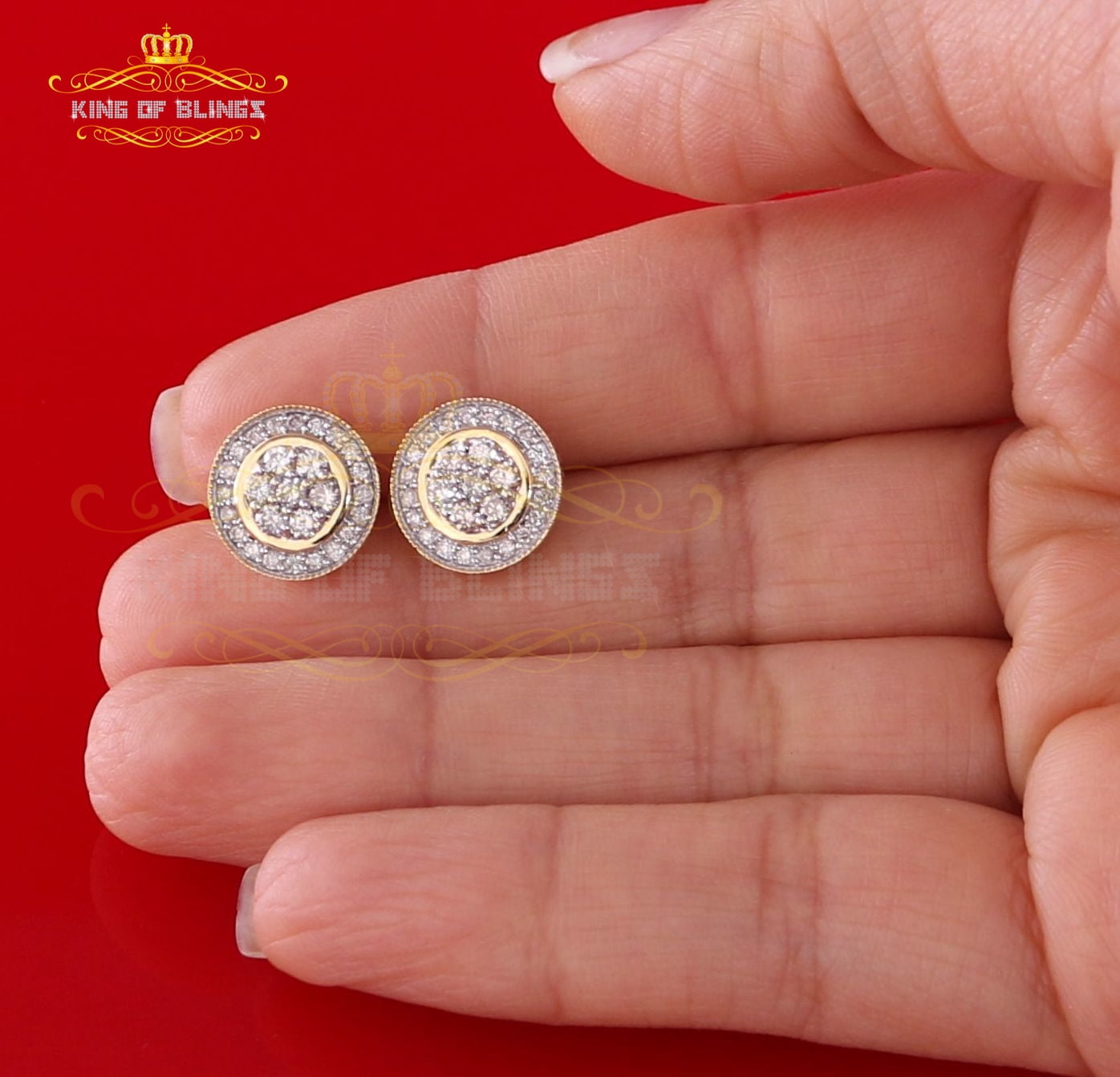 King of Bling's 10K Real Yellow Gold Real Diamond 1.05CT Men's/Women's Stud Round Earring