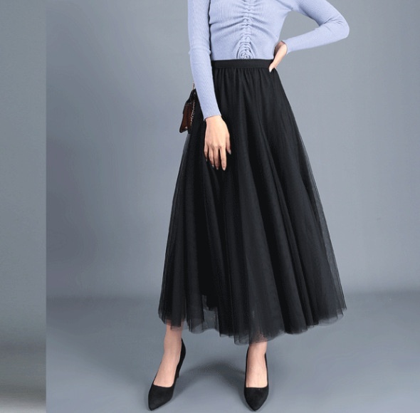 Jupe Longue Plissée En Tulle Noir - Taille Haute, Style Bulle à Volants, élégante Pour Soirée Ou Quotidien - 4