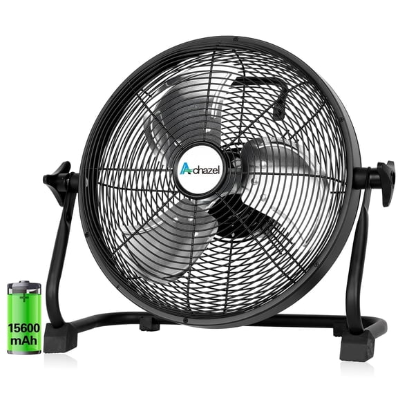 Achazel 12" Portable Floor Fan 1950 CFM Rechargeable Outdoor Metal Blade Fan 15600mAh Battery Powered for Outside Travel Backyard Garage Camping