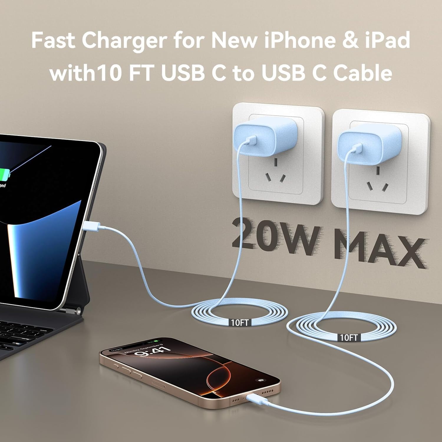i.Phone 15 16 Pro Max Charger, 10 FT Long Cord USB C to C Fast Charging Cable with PD 20W Fast Charger Block for i.Phone 16/16 pro/16 plus/16 pro max/15/15 Pro max/ 15 pro/15 Plus, Pad Pro/air, Blue