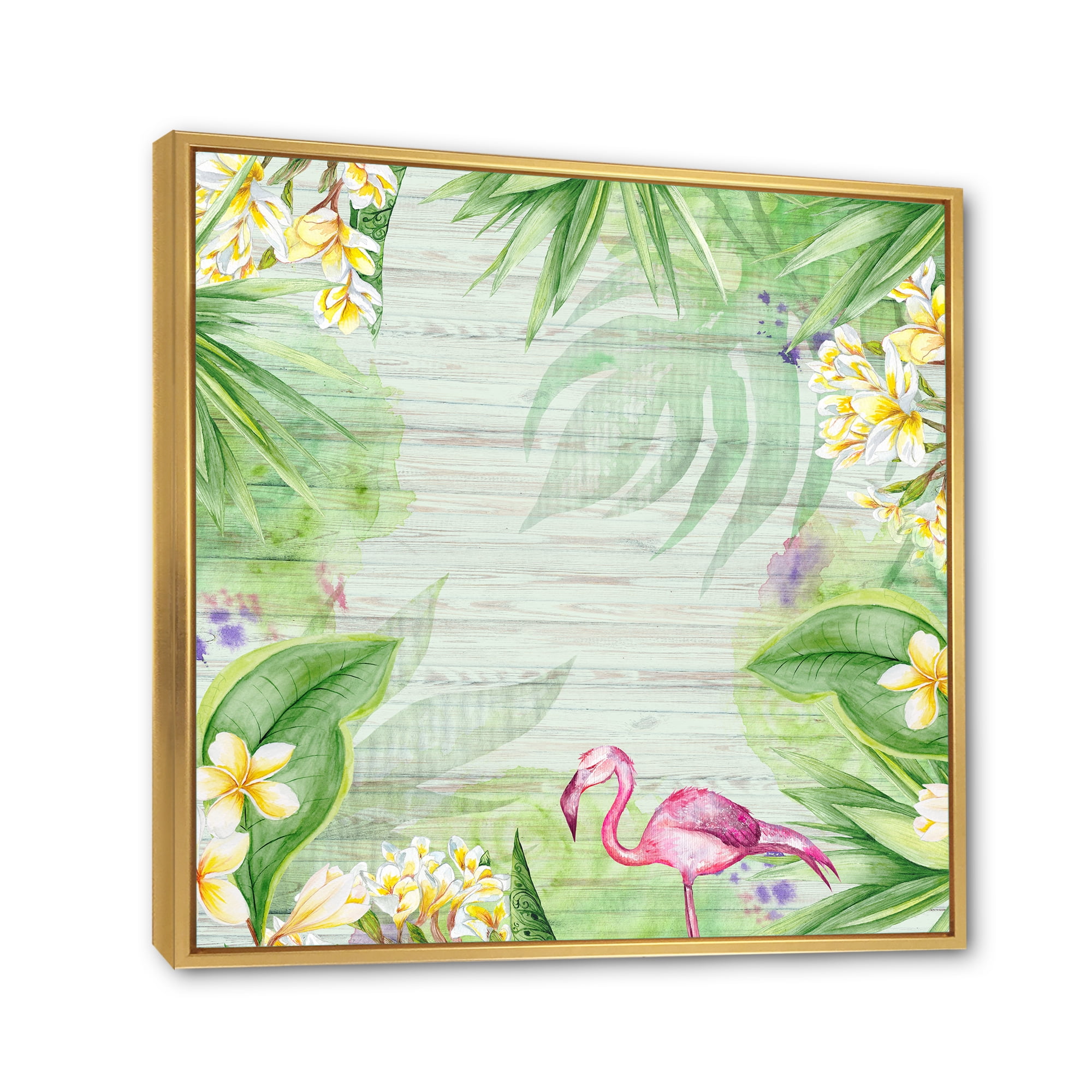 Designart 'Yellow Flowers, Tropical Foliage With Flamingo I' Modern Framed Canvas Wall Art Print
