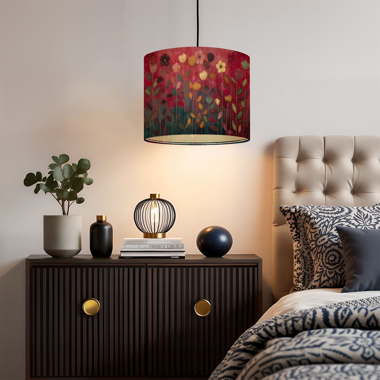 Linen Drum Lampshades Red Floral Burgundy Leaf Vintage Boho Flower Colorful Flowers 13"x13"x10" Light Shade for Table Lamps Floor Lamps Drum Lamp Shades Lampshade Replacement Assembly Required