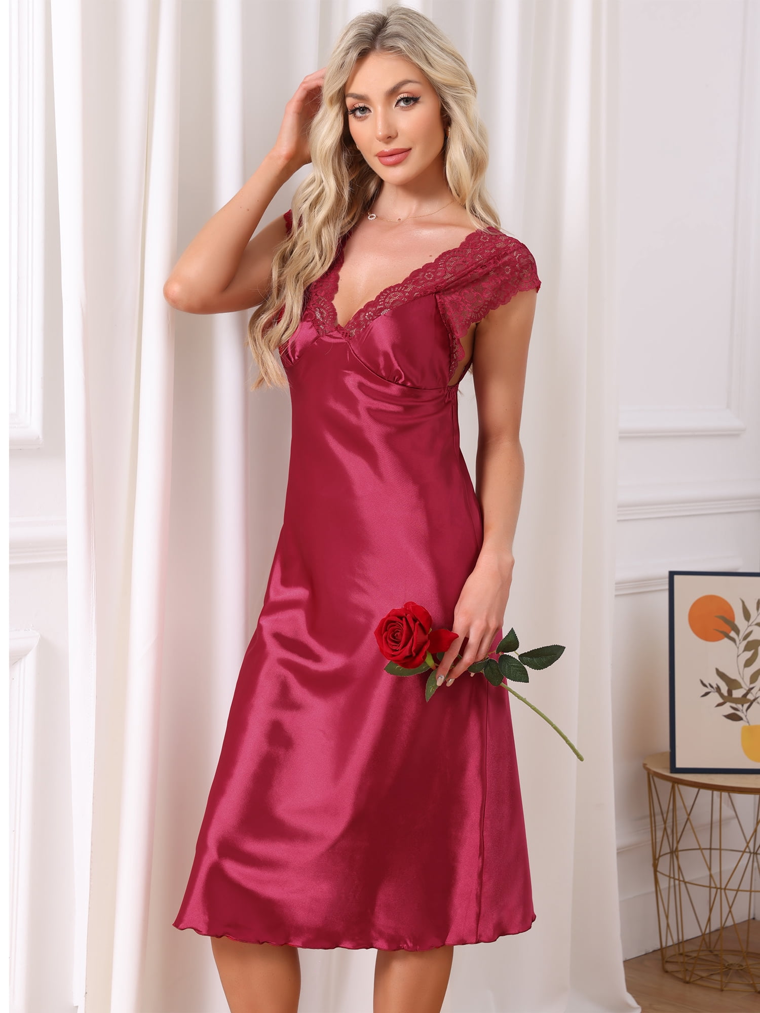 DARING DIVA Women's Satin Tank Lace Trim V-Neck Sleepwear Pajama Dress S Red