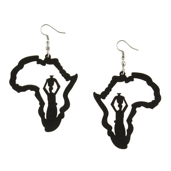 Mini of Africa Earrings, African American Woman Earring, African Wood Dangler Jewelry Black