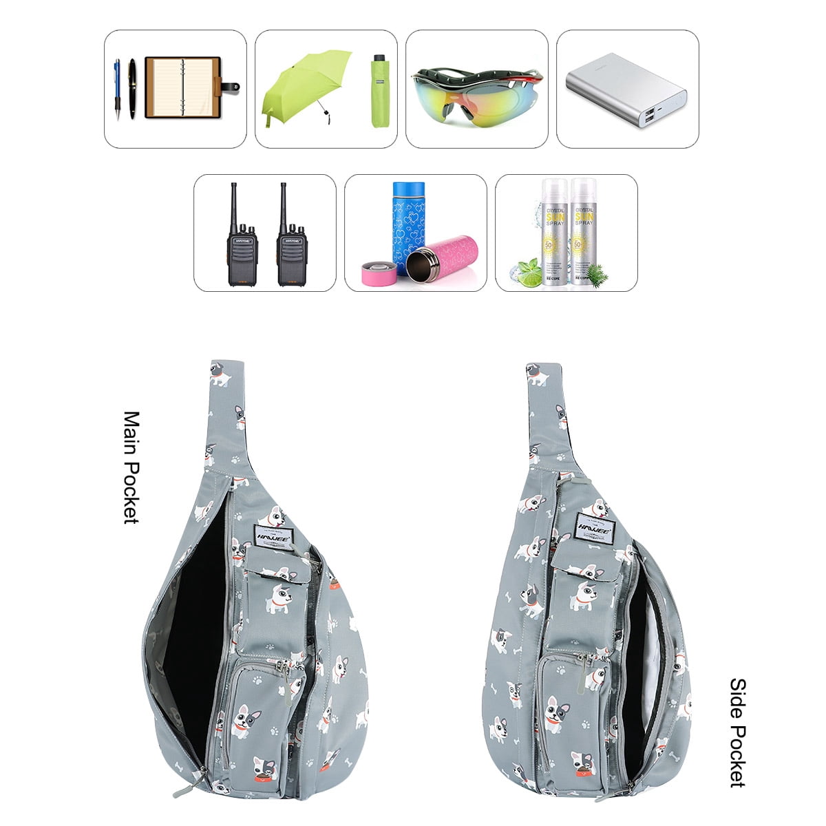 HAWEE Sling Backpack Hiking Backpack Chest Sling Bag Sports Travel Crossbody Daypack for Women, Grey + White Dog